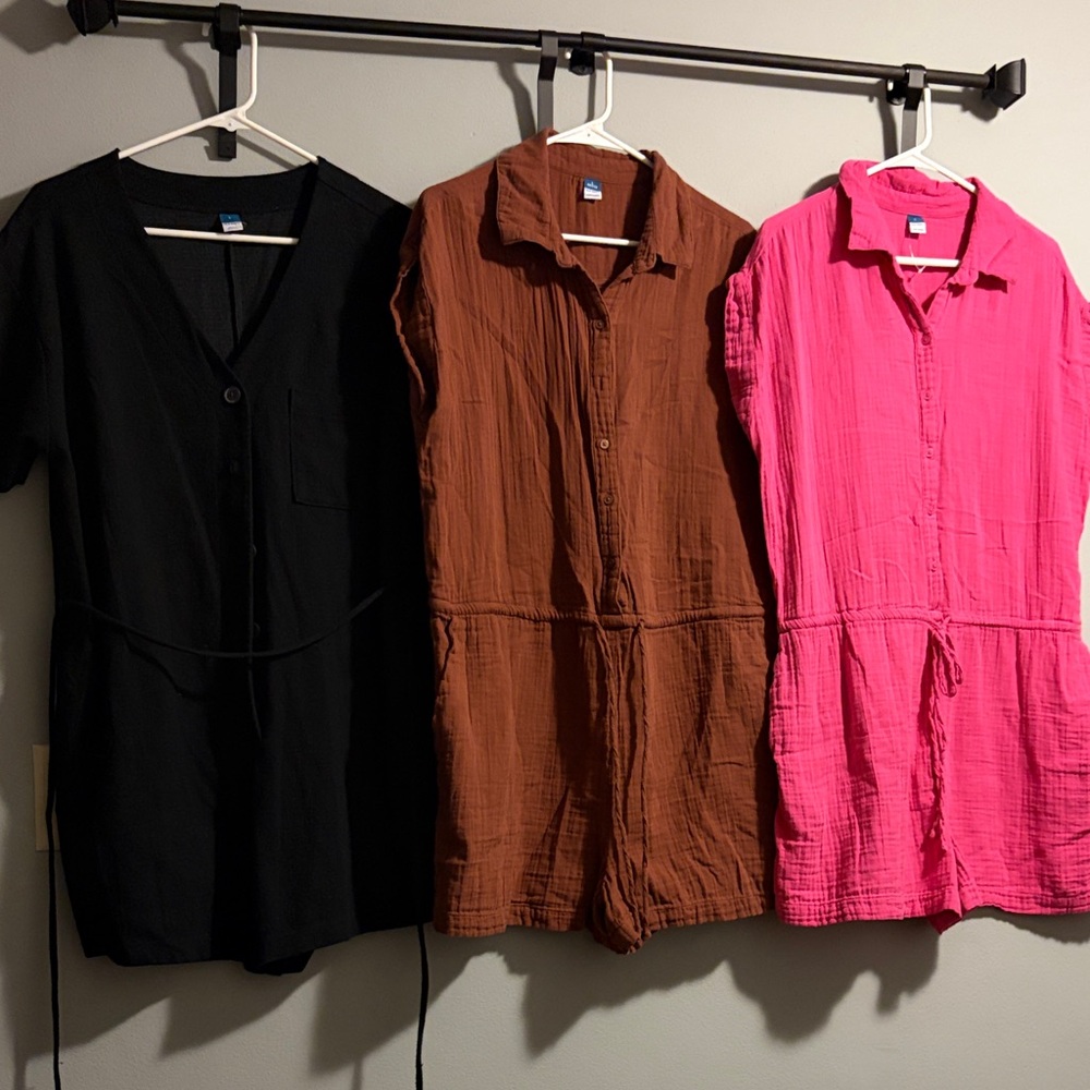 Three Casual Romper Jumpsuits - Black, Rust, Hot Pink